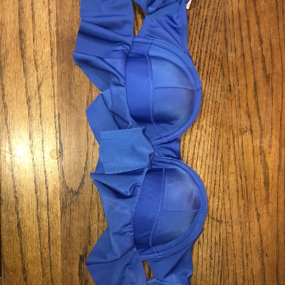 Topless blue ruffled bikini top
